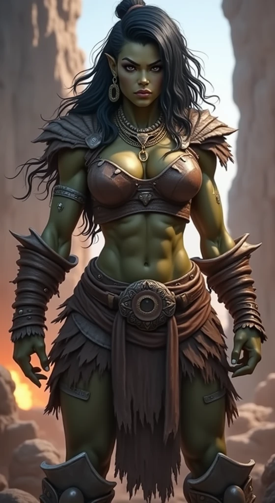 Orc woman, musclegirl, black hair side cut side, wearing barbarian clothes, best qualityer.