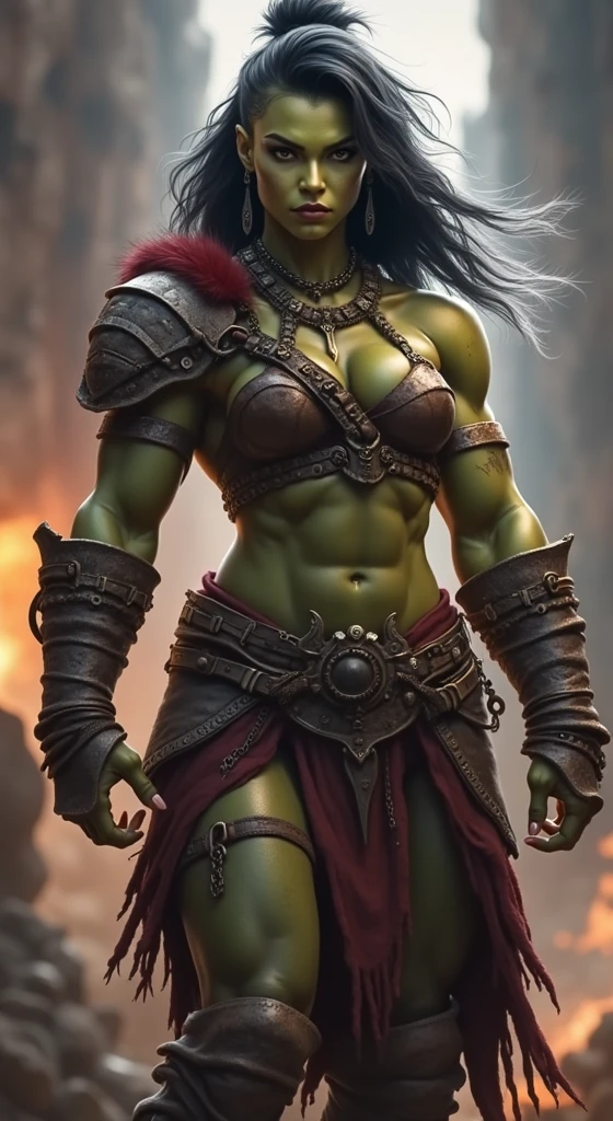 (highres:1.2),ultra-detailed,(realistic:1.37),beautiful african,half-orc warrior, Peta Jensen, shield end sword in hands, soft facial features, (((green skin))), (((bare chest)), ((erect nipples)), (((hairy pubis))), (((chainmail armor))), red eyes, (((wielding a battle axe))), long wavy hair, on a battlefield, fighting demons, low lighting,shackles,desperate look,fine artwork,detailed background,soft shadows,vivid colors,surreal atmosphere,subtle textures,very beautiful,emotionally charged, (((no nude))), full body pose