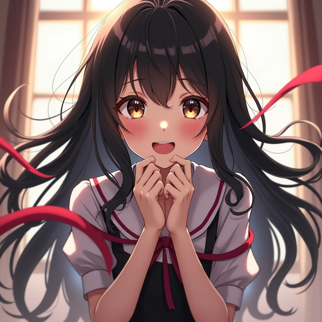 One girl, Long Hair, Black Hair、Brown and black odd eyes、happiness/joy, ass pov, ribbon, Motion Blur, anime, Highest quality, Very detailed, Ultra high definition,