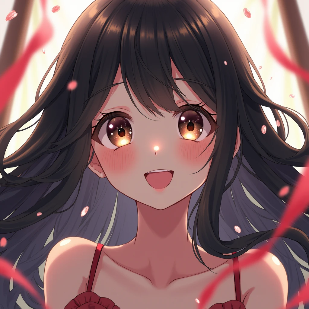One girl, Long Hair, Black Hair、Brown and black odd eyes、happiness/joy, ass pov, ribbon, Motion Blur, anime, Highest quality, Very detailed, Ultra high definition, 