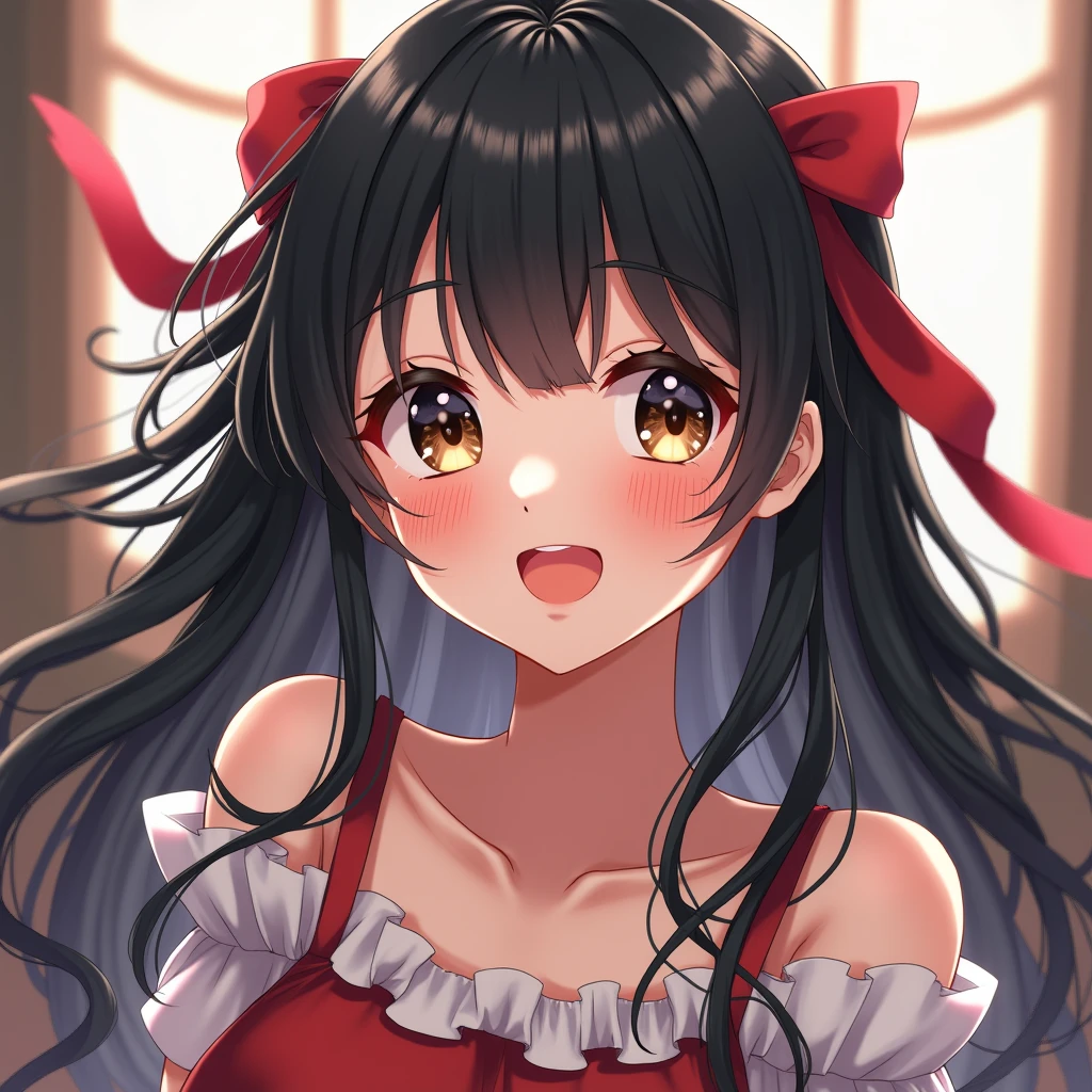 One girl, Long Hair, Black Hair、Brown and black odd eyes、happiness/joy, ass pov, ribbon, Motion Blur, anime, Highest quality, Very detailed, Ultra high definition,