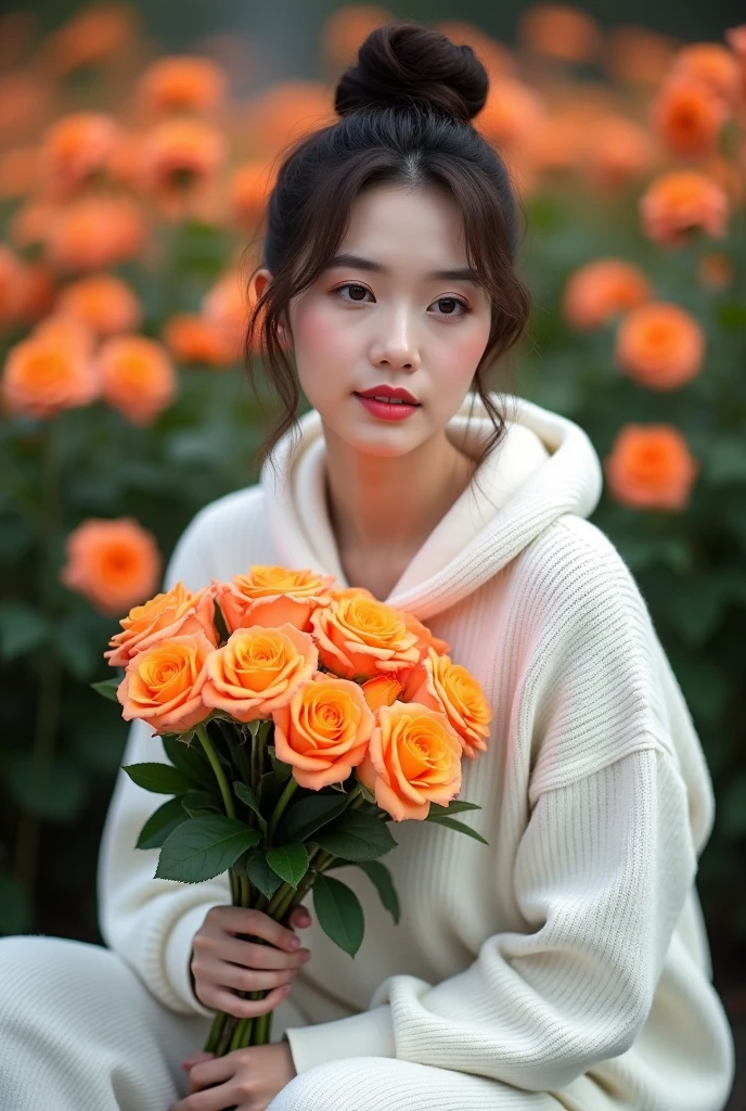 a beautiful Indonesian woman, smooth white skin, well-groomed face,top bun hair, poni ala korea, ,wearing a white knitted hooded sweatshirt,holding a bouquet of orange roses, celana kargo putih, slow motion ,black watch, white shoes, Sitting pose, di rerimbunan bunga mawar, orange-red color that flowers beautifully and densely. Rose garden background, beautiful very amazing .Realistic original photo 