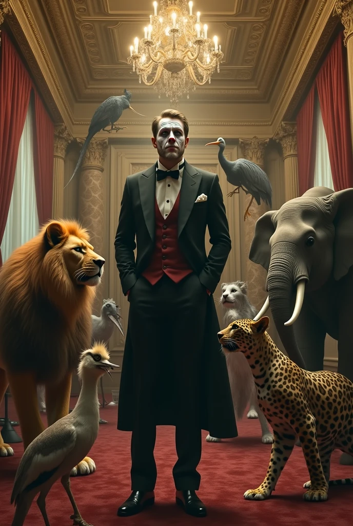 Man dressed in an elegant suit in a baroque room with a clown face releases a streamer from his mouth , Around it , a lion, a rhinoceros, An elephant