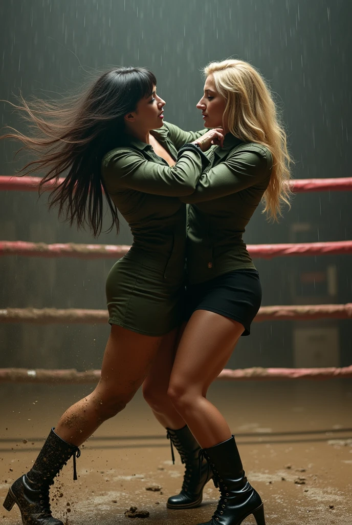 An aggressive kickboxing between two female soldiers in a dirty wet muddy boxing ring. Violent fighting between 2 girls, one with dark hair and one with blonde hair. Girl 1: Denise Milani, voluptuous, Busty, curvy, biker babe with straight jet-black hair, thick thighs, muscular physique, huge breasts, terrified. Girl 2: Erika Eleniak, toned, athletic blonde with strong muscular arms. Both women are wearing an olive green leather a-line business skirt, tight long-sleeved olive green leather shirt, stockings and black leather stiletto-heeled combat boots. Their clothes and bodies are covered in dirty wet mud. Both women hate each other have a aggressive expressions. ((kicking between the legs))