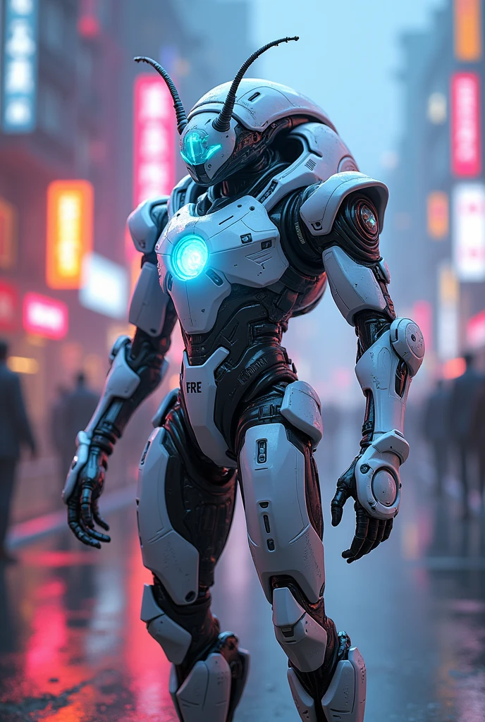 beetle in a futuristic suit with a glowing head and chest, cyberpunk art inspired by Marek Okon, cgsociety contest winner, digital art, gynoid cyborg body, insect mecha cyber armor, cyber suit, cybersuit, in white futuristic armor, cybersuits, diverse cybersuits, gynoid body, echo from overwatch, perfect anime cyborg ant