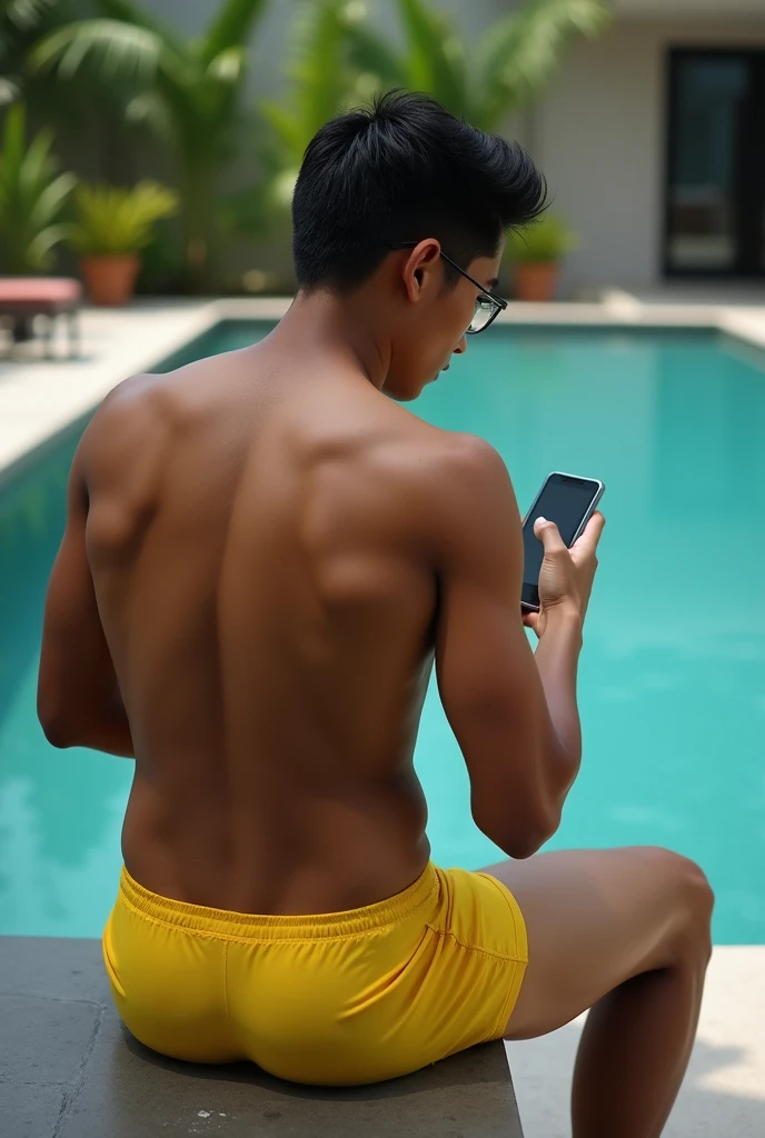 A handsome young Indonesian man wearing glasses, neat short hair, a muscular body, not wearing a shirt, wearing yellow underwear with protruding penis, is sitting relaxed on a bench in the background, facing away from the swimming pool, playing with his cellphone, facing the camera.  