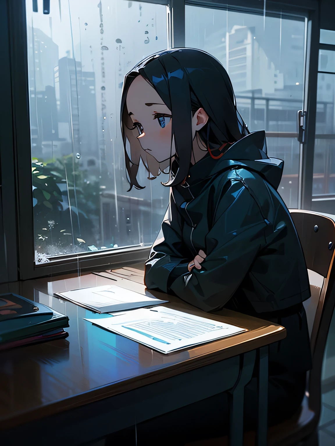 (front view),solo,upperbody,((Looking out the window:1.2)),girl、big forehead、study desk、Chair、Barely、Anxious face、studying、window visible from outside,,(Dark Sky)、(heavy rain:1.2)、(heavy typhoon:1.2)、night、Cute my room、