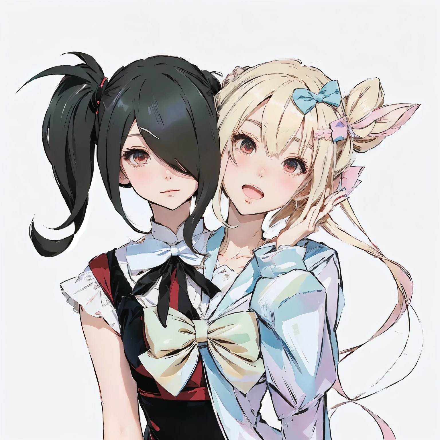 (2heads:1.2), anime girl with a bow and a guy with a bow tie, twintails, in anime style, shirabii, two beautiful anime girls, in an anime style, anime girls, ecchi anime style, cute anime style, nixeu and sakimichan, anime artstyle, anime art style, jazza and rossdraws, shikamimi