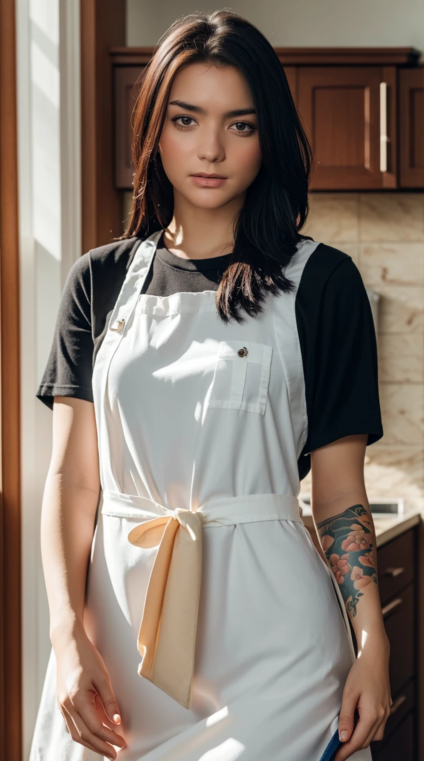 a woman with various tattoos and blonde hair, solo, hips up, detailed face, standing in her kitchen, wearing only an apron, soft lighting, photorealistic, high resolution, (best quality,4k,8k,highres,masterpiece:1.2),ultra-detailed,(realistic,photorealistic,photo-realistic:1.37),studio lighting,ultra-fine painting,sharp focus,physically-based rendering,extreme detail description,professional,vivid colors,bokeh