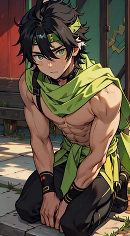 (masterpiece), best quality, expressive eyes, perfect face, perfect eyes, perfect body, 1boy, only 1 Tighnari, single, husbando, muscular male, cisgender male, masculine, masculine face, anatomically correct, handsome face, hunky, buff Tighnari, male Tighnari, mature Tighnari, Tighnari from genshin impact, sweaty Tighnari, drenched in sweat, sole male, solo, alone, muscular biceps, muscular chest, broad shoulders, slave collar, Tighnari wears a leather halter connected to his corset, Tighnari wears a leather corset, in bondage, flexing his arms, sitting on a sofa, perfect nipples, exposed chest area, uncovered chest, fluffy ears