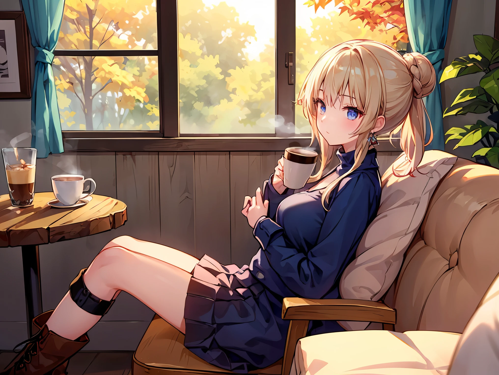 A young woman enjoying a peaceful autumn afternoon in a quaint café. She is dressed in a cozy, casual outfit perfect for the season. She wears a snug, oversized turtleneck sweater in warm shades of deep burgundy or soft camel. Her sweater is paired with a midi-length pleated skirt in a rich forest green or navy blue, which sways gently as she moves. On her feet, she has on comfortable lace-up boots made of dark brown leather, perfect for a leisurely stroll after her coffee. She also wears a light trench coat in a neutral beige, which she has draped over the back of her chair. The woman sips from a steaming cup of coffee, her other hand resting on a book she’s reading. Her hair is pulled back into a loose, messy bun, and she has a pair of delicate gold hoop earrings. The café is warm and inviting, with rustic wooden furniture and a large window offering a view of the street lined with trees shedding their golden leaves. Soft light filters in, casting a cozy glow on the scene.