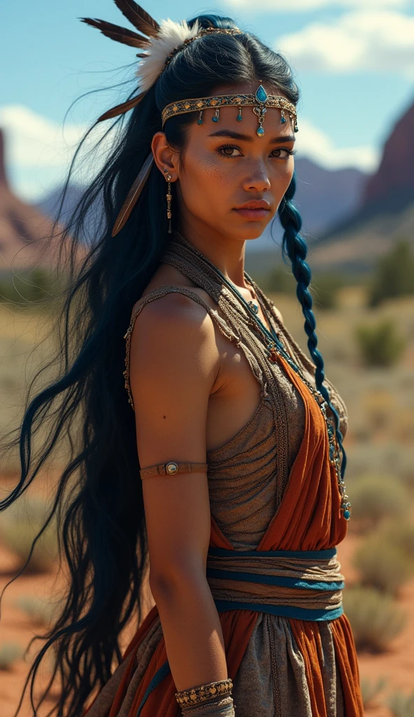 mdjrny-v4 style portrait photograph of Madison Beer as Pocahontas, young beautiful native American woman, perfect symmetrical face, feather jewelry, traditional handmade dress, armed female hunter warrior, (((wild west) )) environment, Utah landscape, ultra realistic, concept art, elegant, ((intricate) ), ((highly detailed) ), depth of field, ((professionally color graded) ), 8k, dark blue hair,
