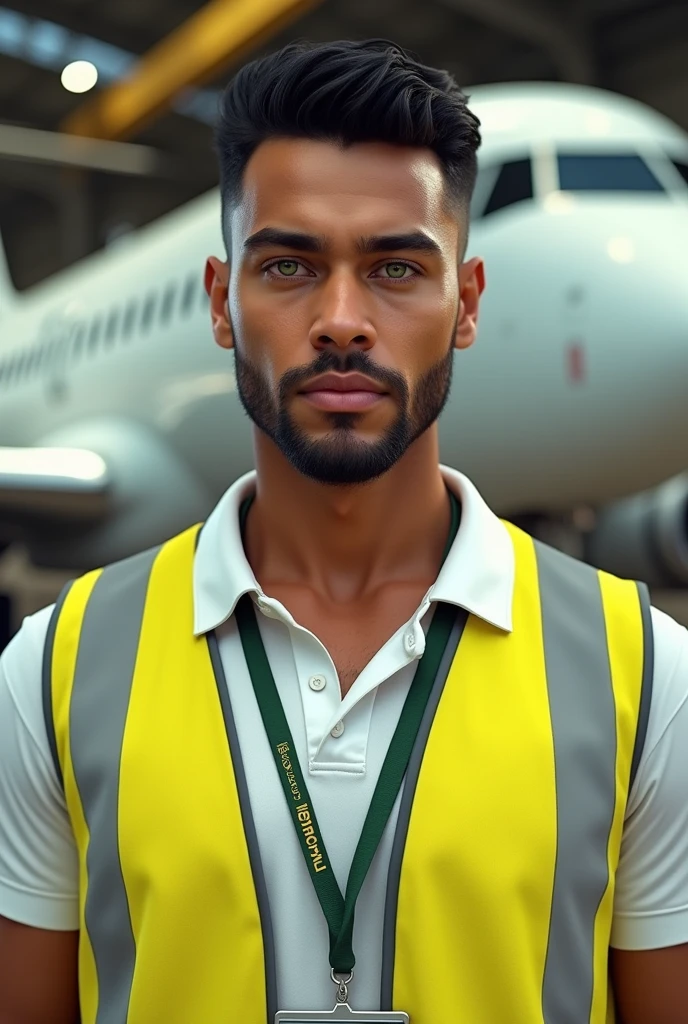 (photorealism:1.2), beautiful tanned man, Brazilian, green eyed, black hair with a little beard, in a white polo shirt and a high visibility yellow vest, a badge around the neck with an airbus in the background