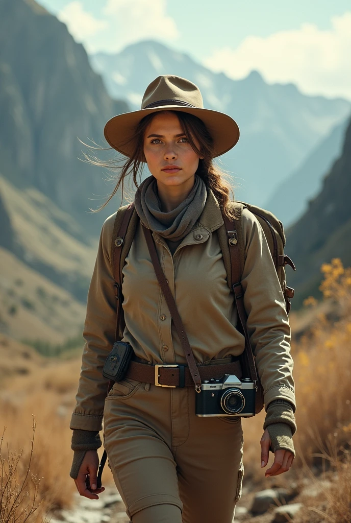 Adventurous female archaeologist realistic photography. traveler. Spontaneous. Limits. danger. mountains. Leica vintage photo old analog photography