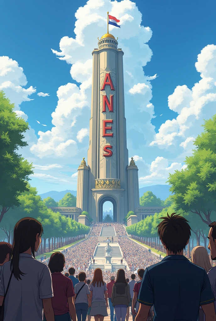 A picture of many people looking at a big tower with a flag and written on it and on the tower the name Anes is written in a large way. Make the word Anes in a large way.