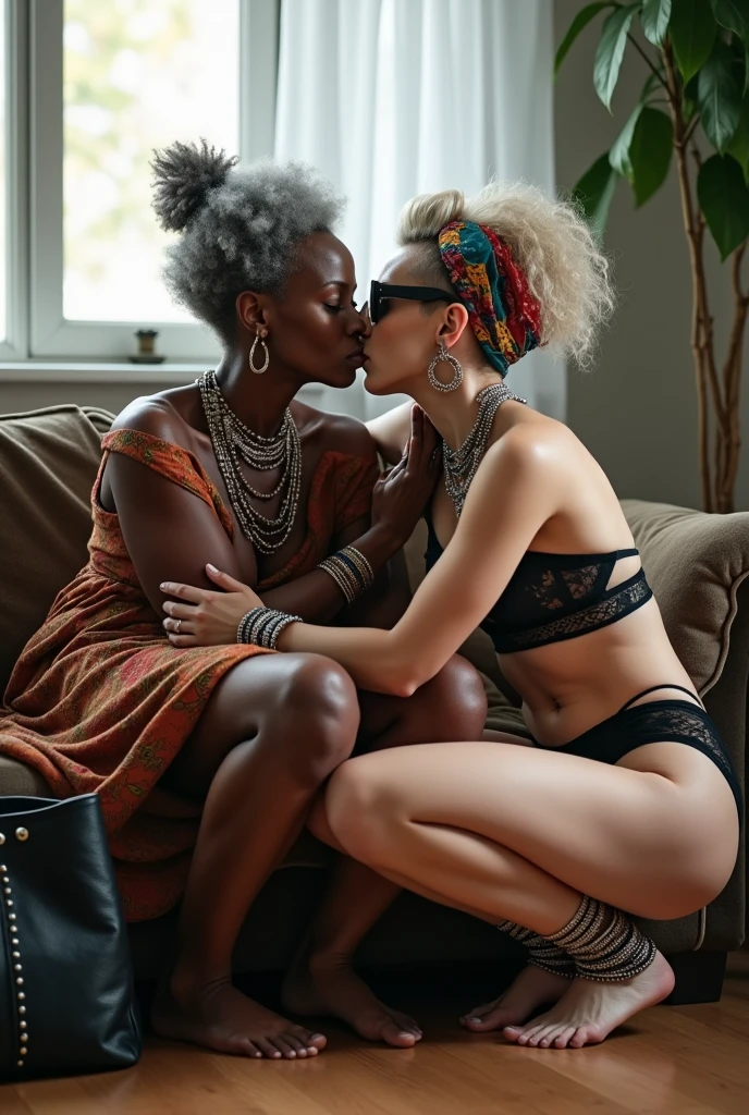 Two women. African old wrinkled milf  woman lounging lazily on a sofa with separated legs, afro hairdo, serious face, wearing traditional colourful african clothes, barefoot, hands tightly on neck of a caucasian milf woman at her feet (light grey hair, light green eyes, pale face, pale neck, pale chest, pale arms, pale hands, pale stomach, pale legs and feet) in chic rock fashion: pompadour hairstyle with top bun and shaved sides, colourful bandana as headboard, a lot of metallic necklaces and pendants, a lot of wide metallic bracelets, black lace push up bra, low rise black lace thong, chains as belts, squatting with arms on knees, passive facial expression with open mouth, arched back humbly, stretching her neck to kiss her girlfriend eagerly, big square sunglasses, thin neck, thin arms, thin legs, well toned abdominals. In an apartment decorated in Scandinavian style. A black leather studded tote bag on the floor. Natural light