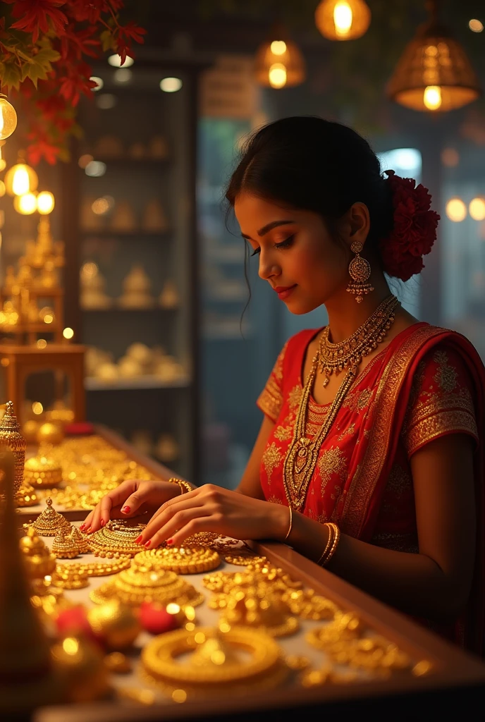 A indian girl tradition clothes buying gold jwellery in jwellery shop with dim light and glow light (realistic 1.7) high detailed 