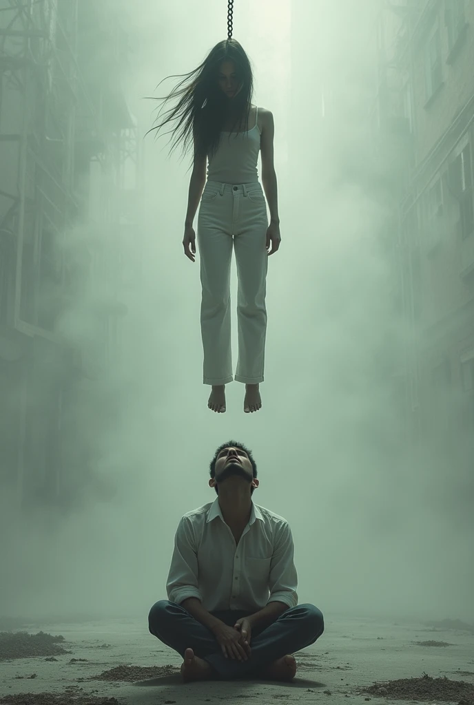 Scene of girl in white pants hanging herself to death ,hovering in the air , a man sitting on the ground in panic 