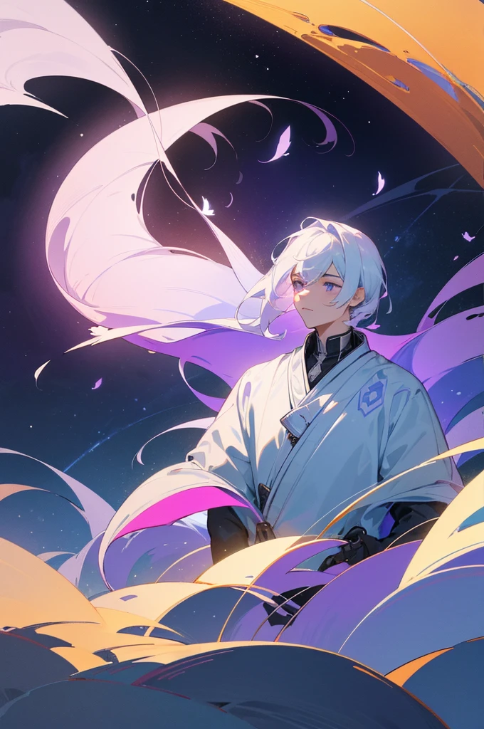Beautifully drawn, high quality, highly detailed computer illustration of a young man with a serene expression, looks into the distance with violet eyes, his striking light white hair flutters softly in the cosmic wind. The landscape behind him is vast and breathtaking.., engaging viewers in a world of wonder and exploration.