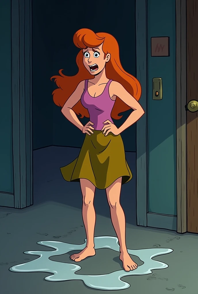 Daphne Blake Pees Herself Out of Fear, whole body, urine stain:1.4, urination:1.4 wet your pants:1.4, pee skirt:1.4, Wet spot