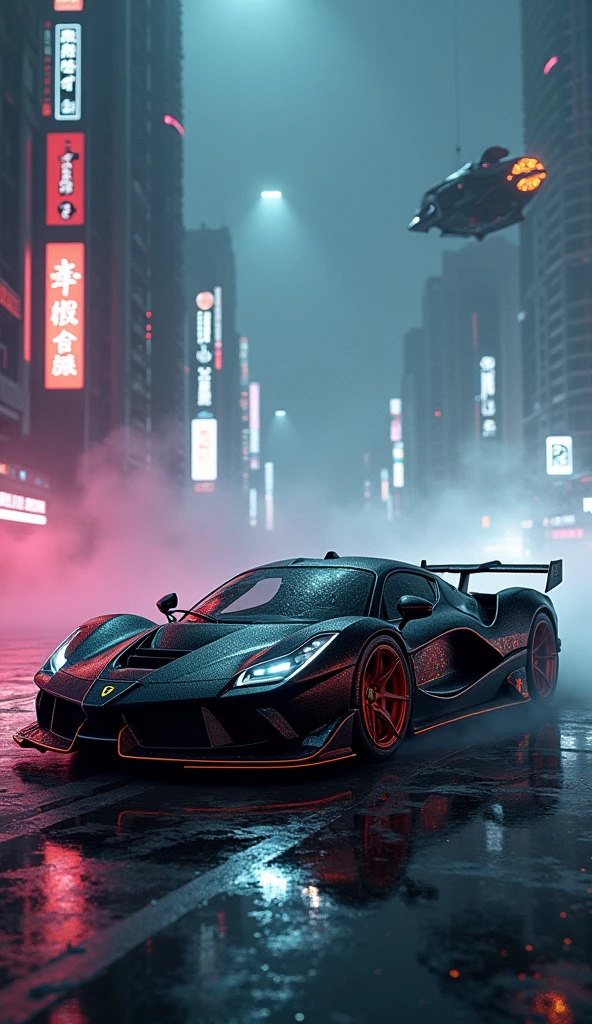 (Intricate details:1.2), (Realistic), (masterpiece), (photograph), Cinema Lighting,Cyberpunk City,fog,Cyberpunk Hypercar,Soft colors,Swirling colored smoke,Legend,Cityscape,space, (Black Ferrari),Ground cars,car,No humans,scenery,alone,Car both focus, At night, Front Quarter, Liberty Walk Widebody, Widebody Information,gulf coast,Battle of Metropolitan Expressway,Tokyo,Metropolitan Expressway,Suso Furiel anime female paint, Sexy elf lingerie ears on the door, Itasha style,