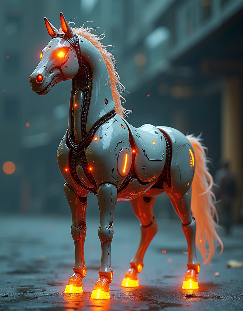 a photo of a mecha robo centaur, human like upper body, horse lower body, two arms, four feet, horse tail, digital art, highly detailed, 8k, photorealistic, cinematic lighting, intricate machinery, gleaming metal, glowing energy, dynamic pose, epic scale, futuristic, science fiction