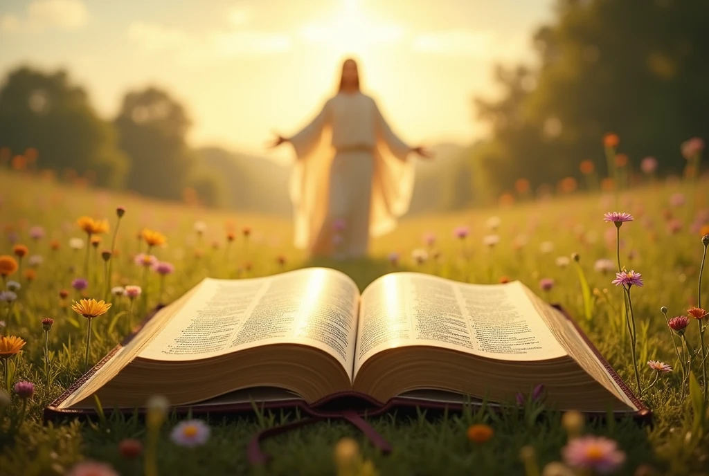 Open the divine bible and the background of daylight with in beautiful field with psalm 91, with jesus in the background