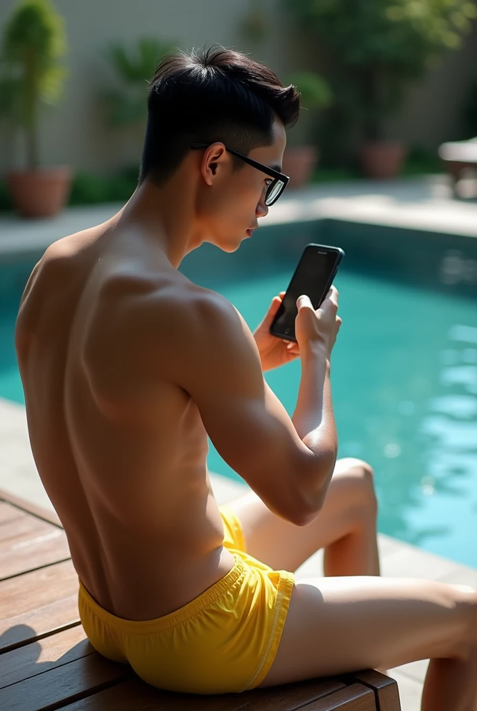 A handsome young Indonesian man wearing glasses, neat short hair, a muscular body, not wearing a shirt, wearing yellow shorts, a picture of Doraemon Venice standing out, sitting relaxed on a bench, with his back to the swimming pool, playing with his cellphone, facing the camera, smiling.