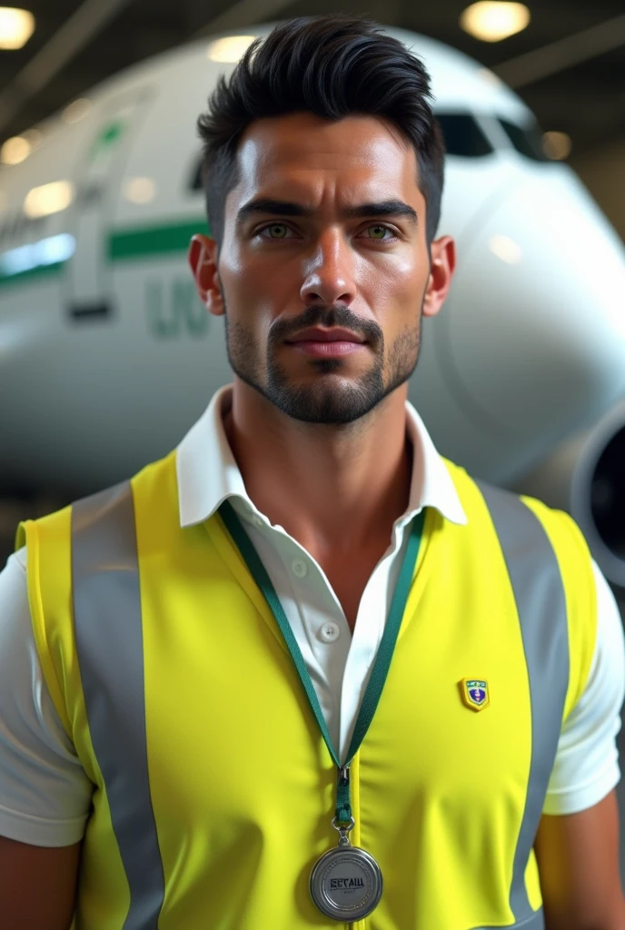 (photorealism:1.2), beautiful tanned man, Brazilian, green eyed, black hair with a little beard, in a white polo shirt and a high visibility yellow vest, a badge around the neck with an airbus in the background