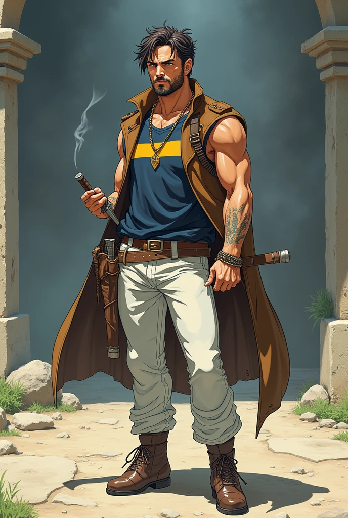 Stunk is a fair-skinned man with dark brown hair kept in a braid. He also has a horizontal scar on his right cheek, and stubble on his face.
He's commonly seen wearing a slightly torn brown cloak, white pants, a navy blue shirt with a yellow stripe, as well as wraps around his lower legs with brown shoes. He carries his sword on his left side with a scabbard. He is often seen with a cigarette in his mouth.
When transformed into Mestunk, aside from his body changing to that of a woman, his facial feature become more delicate and his facial hair disappears. Do it anime style