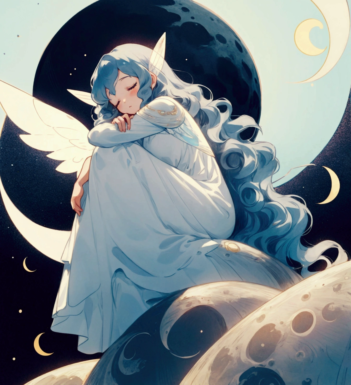 Girl with wavy hair with closed eyes. She is on the moon, sitting on the moon which forms a crescent moon. She has her eyes closed. Her dress is very long and light blue., very light almost. with beautiful fairy wings