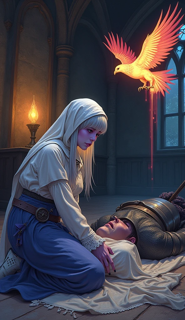 (Ultra-detailed face, looking away, Fantasy Illustration with Gothic, Ukiyo-e, Comic Art, Rich colors),
BREAK
(A female dark elf healer is tending to a wounded male knight in iron armor lying on the floor, attempting to channel the god she worships. A flame-clad falcon flutters widely above the knight, and an aura of fiery life flows from the falcon's body into the knight's body.),
BREAK
(The place is a medieval European-style church room used as a field hospital. It is dark outside and there is a small lamp in the room.),
BREAK
(DarkElves: A young-aged dark elf woman with silver color hair, blunt bangs, bob cut and dark purple color skin, lavender color eyes.),
BREAK
(DarkElves: A female dark elf healer wears a white veil, a simple robe of lacy linen, a blue tunic, and white nurse's shoes.)
