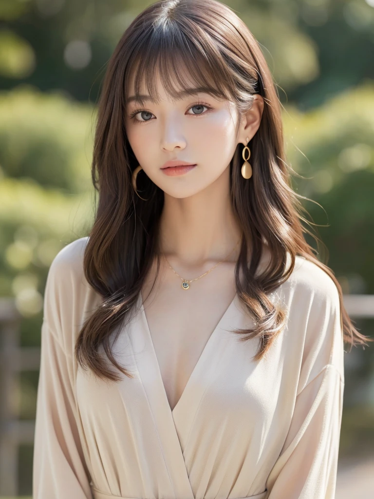((Highest quality, 8k, masterpiece:1.3)), concentrate: 1.2, Perfect body beauty: 1.4, Hips: 1.2, ((Long Hair, chest: 1.2)), (Dry clothes: 1.1) , (clear, Simple Background:1.3), Simple clothes: 1.1, Highly detailed face and skin texture,Delicate eyes, double eyelid, Whitened skin, Rough skin、Long Hair、bangs、Simple earrings、necklace、 solo、Beige coat、White shirt, (((Cute and beautiful Japan)))、 ((Beautiful 20-year-old Japanese))、 ((Baby Face))、 (((Slender body)))、 Upper Body,Face focus、necklace,Simple Background,From above, Realistic Hair、 A photograph was taken:Canon EOS R6、135mm、1/1250 seconds、f2.8、ISO400、(Detailed explanation of the hand)、(Masseter muscle area)、(Exquisite CG)、Long Hair, loose and curly hair、Korean Hair、Long Hair明るいベージュ色、グラデーションハイライトグレージュのゆるふわLong Hairスタイル、