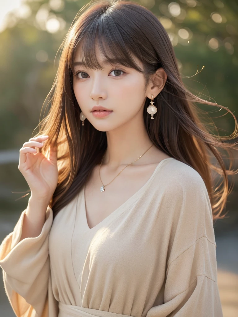 ((Highest quality, 8k, masterpiece:1.3)), concentrate: 1.2, Perfect body beauty: 1.4, Hips: 1.2, ((Long Hair, chest: 1.2)), (Dry clothes: 1.1) , (clear, Simple Background:1.3), Simple clothes: 1.1, Highly detailed face and skin texture,Delicate eyes, double eyelid, Whitened skin, Rough skin、Long Hair、bangs、Simple earrings、necklace、 solo、Beige coat、White shirt, (((Cute and beautiful Japan)))、 ((Beautiful 20-year-old Japanese))、 ((Baby Face))、 (((Slender body)))、 Upper Body,Face focus、necklace,Simple Background,From above, Realistic Hair、 A photograph was taken:Canon EOS R6、135mm、1/1250 seconds、f2.8、ISO400、(Detailed explanation of the hand)、(Masseter muscle area)、(Exquisite CG)、Long Hair, loose and curly hair、Korean Hair、Long Hair明るいベージュ色、グラデーションハイライトグレージュのゆるふわLong Hairスタイル、