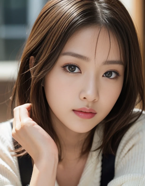 Tabletop、(masterpiece:1.3), (8k, Photorealistic: 1.4, RAW Photos, Best image quality: 1.4), Japanese Idols、Super detailed face、Attention to detail、Genuine、 double eyelid、Big and attractive eyes,Perfectly beautiful eyes、 Sharp focus:1.2、Beautiful woman:1.5、 Light brown hair、 Highest quality、masterpiece、Ultra-high resolution、Depth of written boundary、Perfect Shadow、(Photorealistic:1.4)、 Highly detailed and professional lighting、 Perfectly shaped、Symmetrical face、beautiful girl,Sharp focus, Perfect Anatomy,Realistic Light、sweater、Kabukicho、