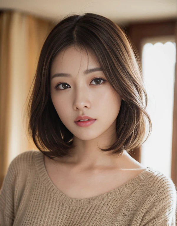 Tabletop、(masterpiece:1.3), (8k, Photorealistic: 1.4, RAW Photos, Best image quality: 1.4), Japanese Idols、Super detailed face、Attention to detail、Genuine、 double eyelid、Big and attractive eyes,Perfectly beautiful eyes、 Sharp focus:1.2、Beautiful woman:1.5、 Light brown hair、 Highest quality、masterpiece、Ultra-high resolution、Depth of written boundary、Perfect Shadow、(Photorealistic:1.4)、 Highly detailed and professional lighting、 Perfectly shaped、Symmetrical face、beautiful girl,Sharp focus, Perfect ???????,Realistic Light、sweater、Kabukicho、
