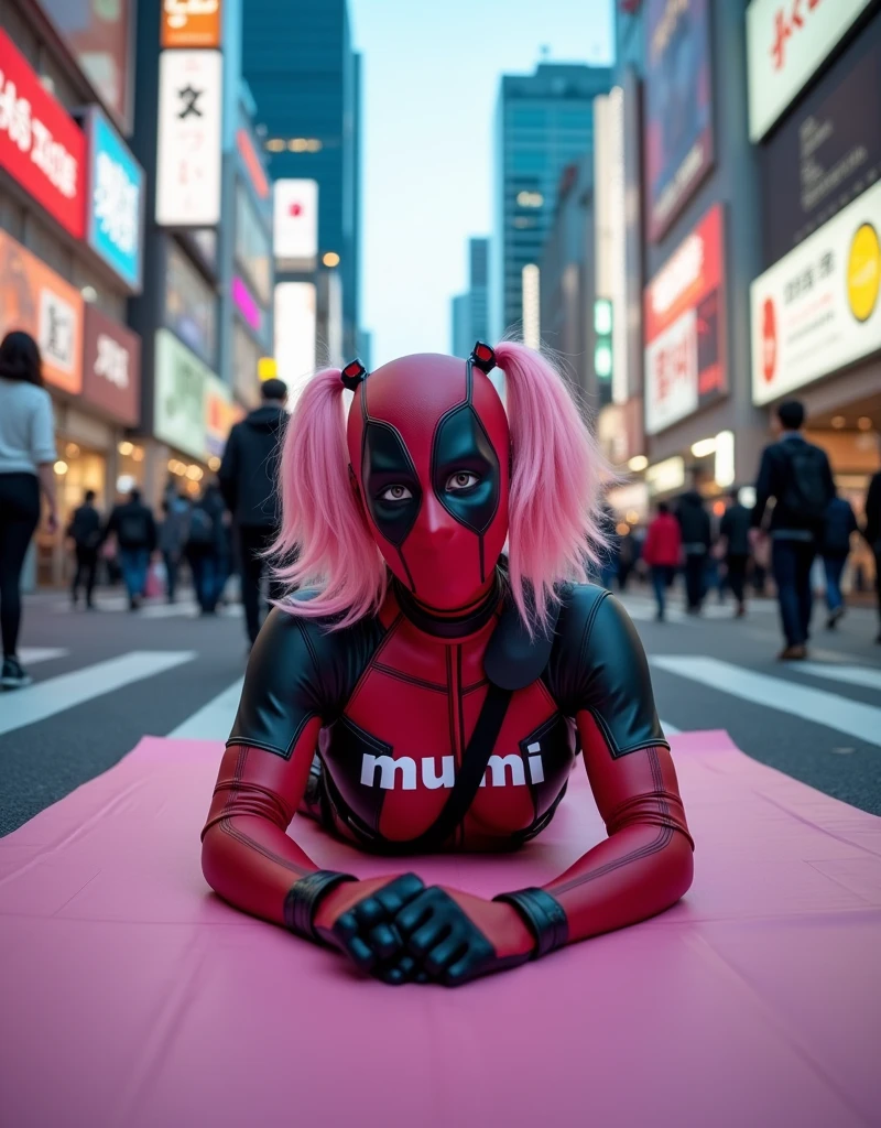 ((Highest quality)), ((masterpiece)), (photograph), ((Japanese women)), ((Deadpool costume and mask)), (((On his chest, he has the word "mu mi" written in white letters.))), Deadpool woman with pink hair and twin tails, Lying on a pink bath mat at Tokyo's Scramble Crossing, Surrounded by passers-by。
