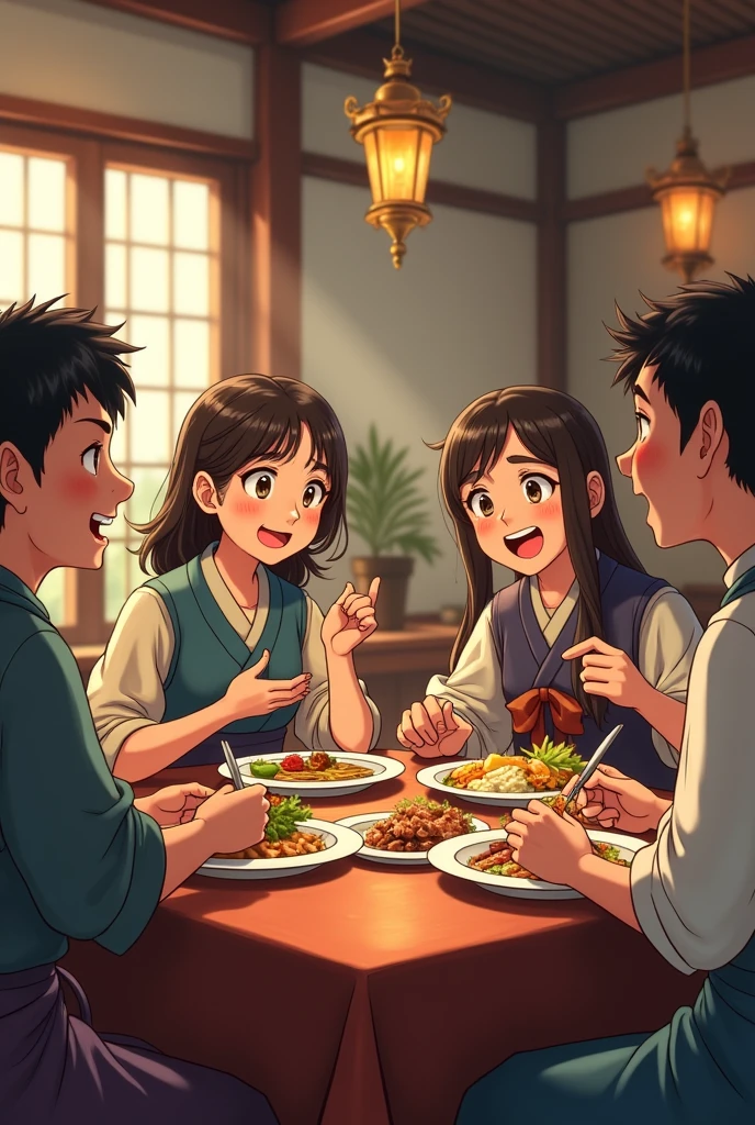 5. **Villagers Eating and Reacting**: Show the villagers enjoying their meal at the restaurant but looking confused or surprised as they hear the explanation about the cat.