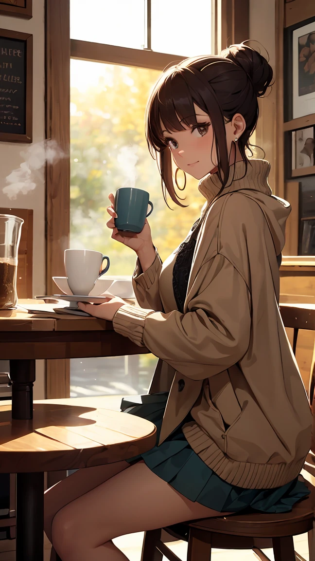 A young woman enjoying a peaceful autumn afternoon in a quaint café. She is dressed in a cozy, casual outfit perfect for the season. She wears a snug, oversized turtleneck sweater in warm shades of deep burgundy or soft camel. Her sweater is paired with a midi-length pleated skirt in a rich forest green or navy blue, which sways gently as she moves. On her feet, she has on comfortable lace-up boots made of dark brown leather, perfect for a leisurely stroll after her coffee. She also wears a light trench coat in a neutral beige, which she has draped over the back of her chair. The woman sips from a steaming cup of coffee, her other hand resting on a book she’s reading. Her hair is pulled back into a loose, messy bun, and she has a pair of delicate gold hoop earrings. The café is warm and inviting, with rustic wooden furniture and a large window offering a view of the street lined with trees shedding their golden leaves. Soft light filters in, casting a cozy glow on the scene.