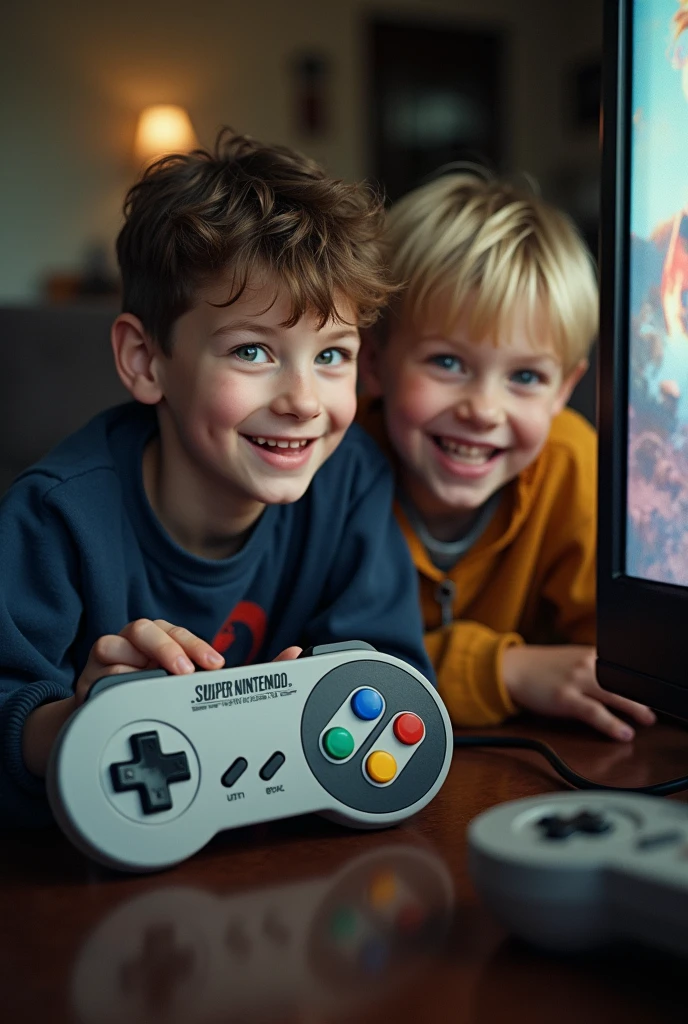 50mm film photography, Photorealistic, photojournalism, Two  boys, one with white skin, black fur, black eyes, the other with blonde skin, blue eyes and brown hair, playing Mortal Kombat Ultimate 3, on the Super Nintendo Entertainment console System (snes) from the 90s, using an original wired controller from the Super Nintendo Entertainment System (snes) console, The controller should be realistic and detailed like a video game controller from the original Super Nintendo Entertainment System (snes) console.  both children sitting on the couch with a happy expression on their faces. The 2 people look authentic and real, they are in a very real natural environment, with the light in the room off and the reflection of the television, a vivid and natural color palette, high contrast image.