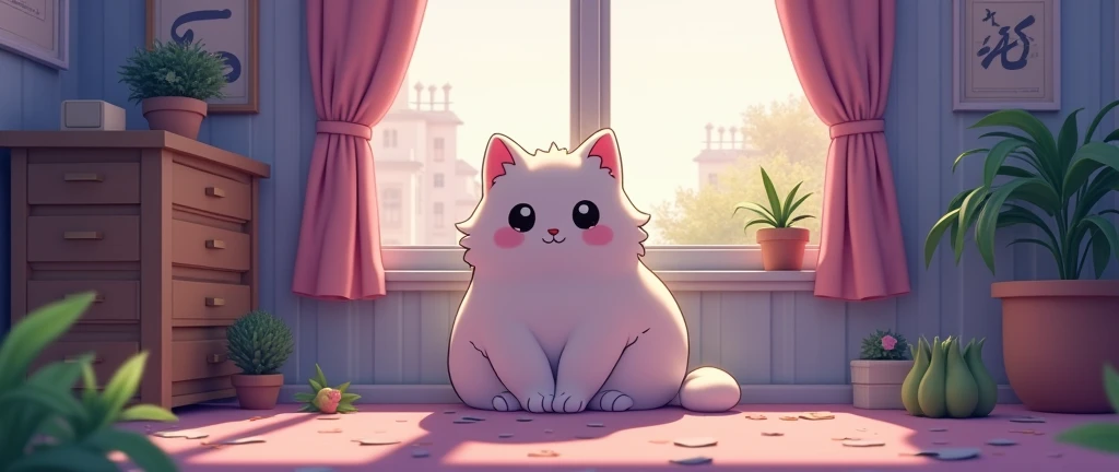 Cat, Cozy Anime,Lofi ,Ultrawide ,Ghibli vibes ,Wide view,Pupple Color Tones