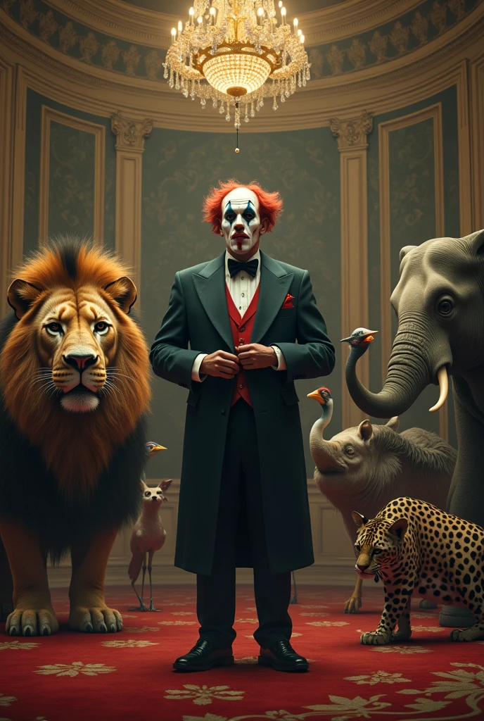 Man dressed in elegant suit in a baroque room with a clown face blowing a streamer, around him a lion, a rhinoceros, An elephant,a leopard and a crane,