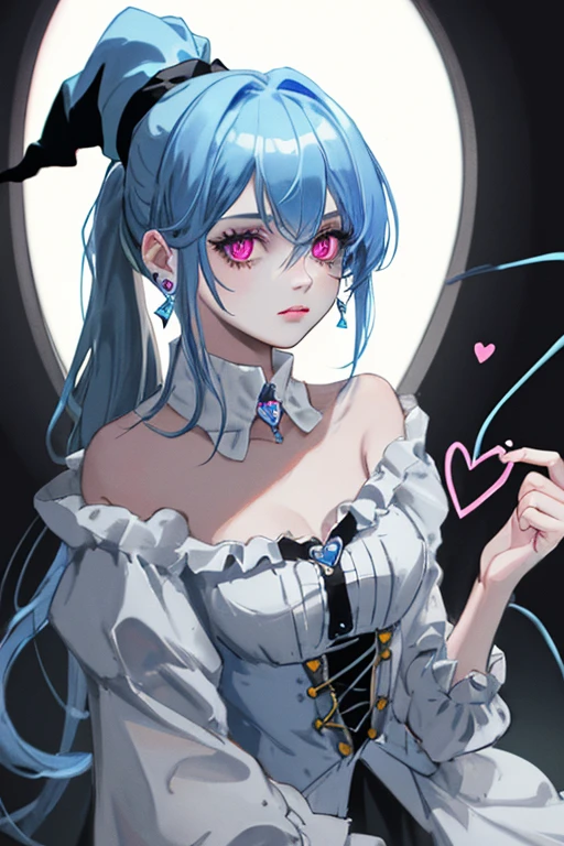 solo, High resolution, Gaze, Blue Hair/Light blue hair, ponytail, Pink eyes, Witch Hat, Heart-shaped earrings, Witch's Clothes,Thighs,Sparkling,Lines of Light,Milky Way,Magic wand,The wand glows,whole body