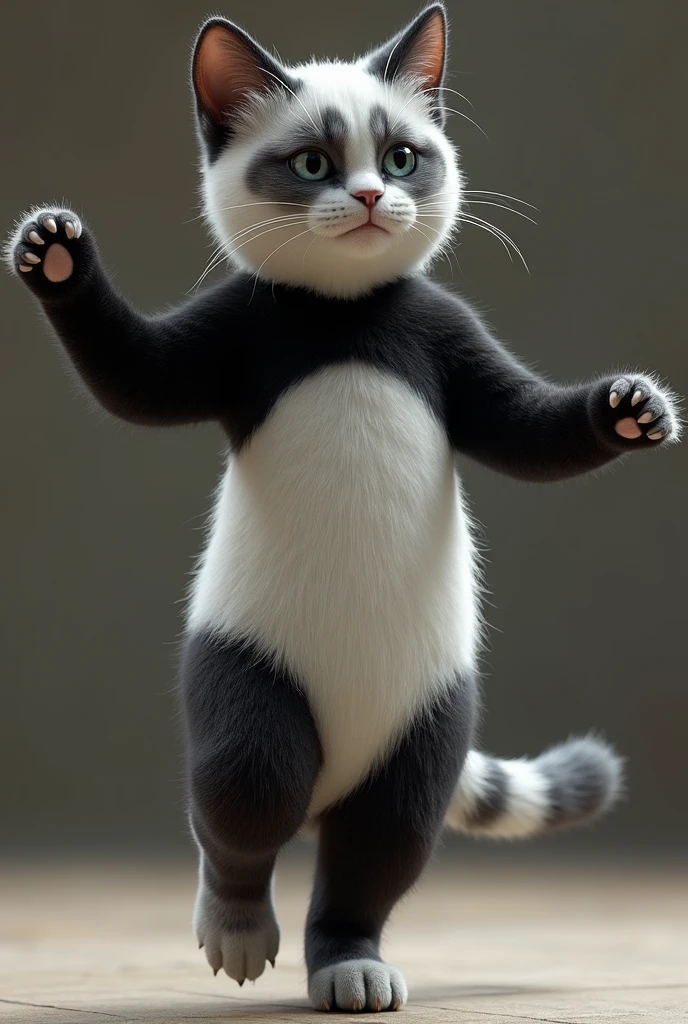 3D Rendering、Real、Realistic、Dancing grey she-cat with black and white stripes、Wearing a panda costume、Stands upright like a human、Staring ahead