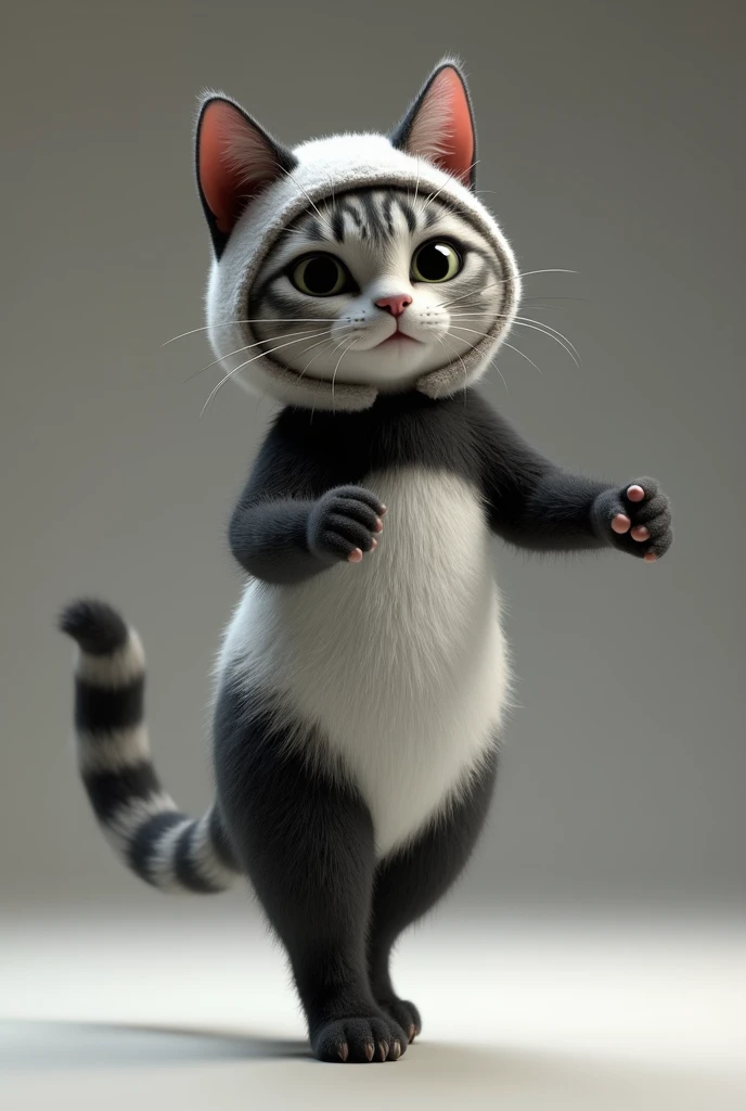 3D Rendering、Real、Realistic、Dancing grey she-cat with black and white stripes、Wearing a panda costume、Stands upright like a human、Staring ahead
