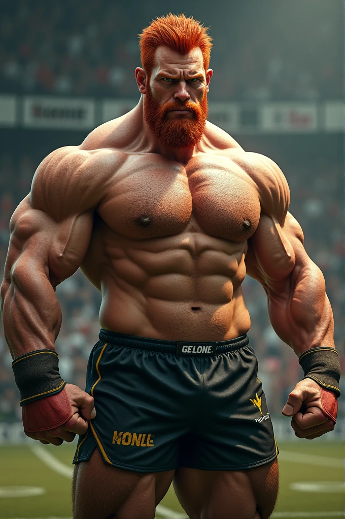 Red-haired man 3 muscular rugby player looks like chael sonnen