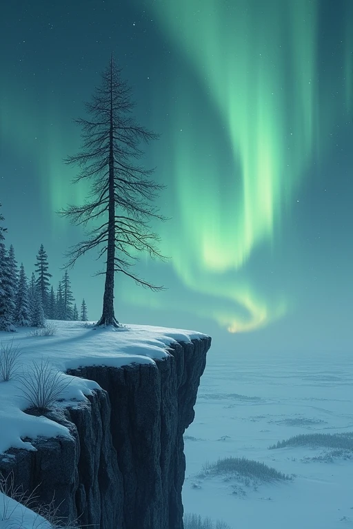 Landscape of a lonely tree standing on a snowy cliff looking at the northern lights