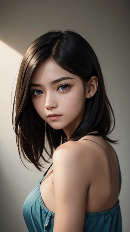 a girl who has short, beautiful shoulder-length hair and eyes that have the impression of a sharp gaze and has a cheeky and indifferent facial gesture