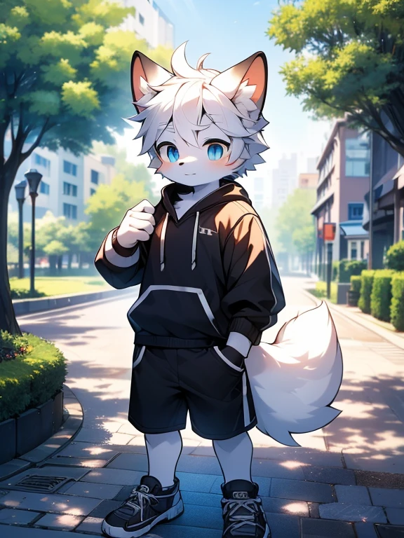 (best quality, Extremely detailed),Extremely strong sexual desire,juvenile,Furry wolf,((Big blue eyes,Watery)),((Shota)), ((Black and white hair)), Good figure, Handsome,cute, Light:极致Light影, 反Light皮肤,Reddish skin,The ultimate face,Sideways,Greeting the audience shyly,((Worn black clothes,Commoner),Black sports shorts with white trim,White socks),(Black sneakers,The left hand wears the watch) ,((Deep in the city park,Cobblestone Road,Next to the pool,Alone)),Outdoor sunset,((detail)),(Depth of Field),stand up,Height 1.7m,full-body shot,Panorama