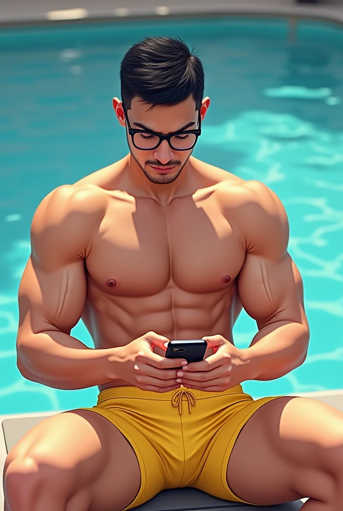 A handsome young Indonesian man wearing glasses, neat short hair, a muscular body, not wearing a shirt, wearing yellow CD with protruding Venetians, is sitting relaxed on a bench in the background of a swimming pool while playing with his cellphone facing the audience.